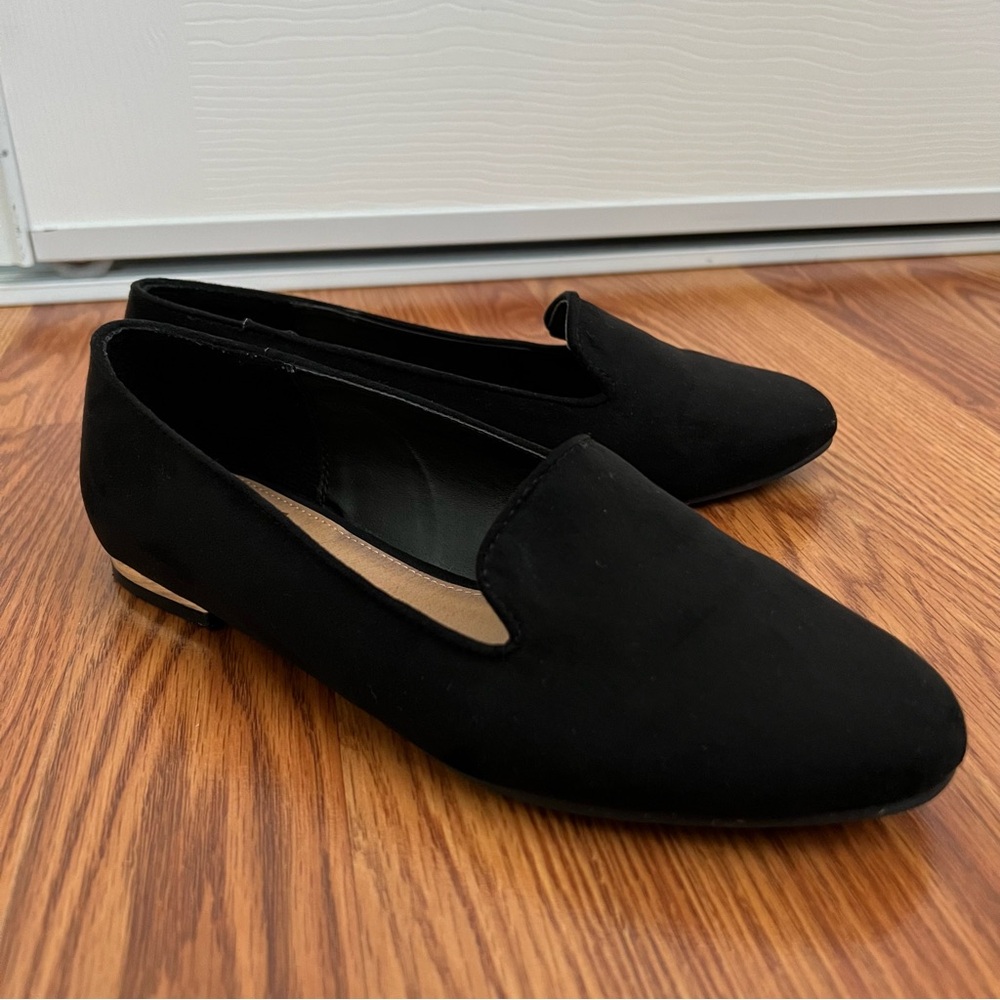 Faux Suede Black Loafers w/ Gold Heel